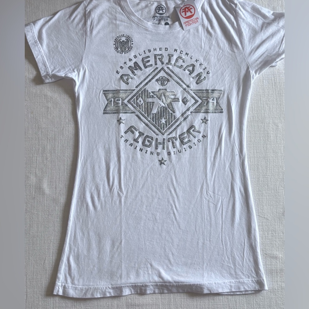 American Fighter White Graphic Tee with Gray Logo